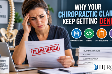 Chiropractic professional reviewing a denied insurance claim with documentation, coding, authorization, and coverage issues highlighted
