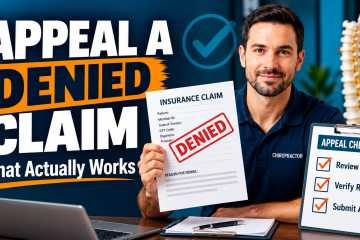 Chiropractor holding an insurance claim marked denied beside a checklist for appealing a chiropractic claim.