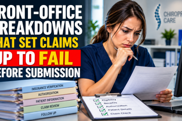 Chiropractic front-office employee reviewing insurance paperwork and a claim verification checklist.